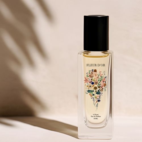 Nadia Flower botanical illustration on a Fleur d'Or fragrance bottle