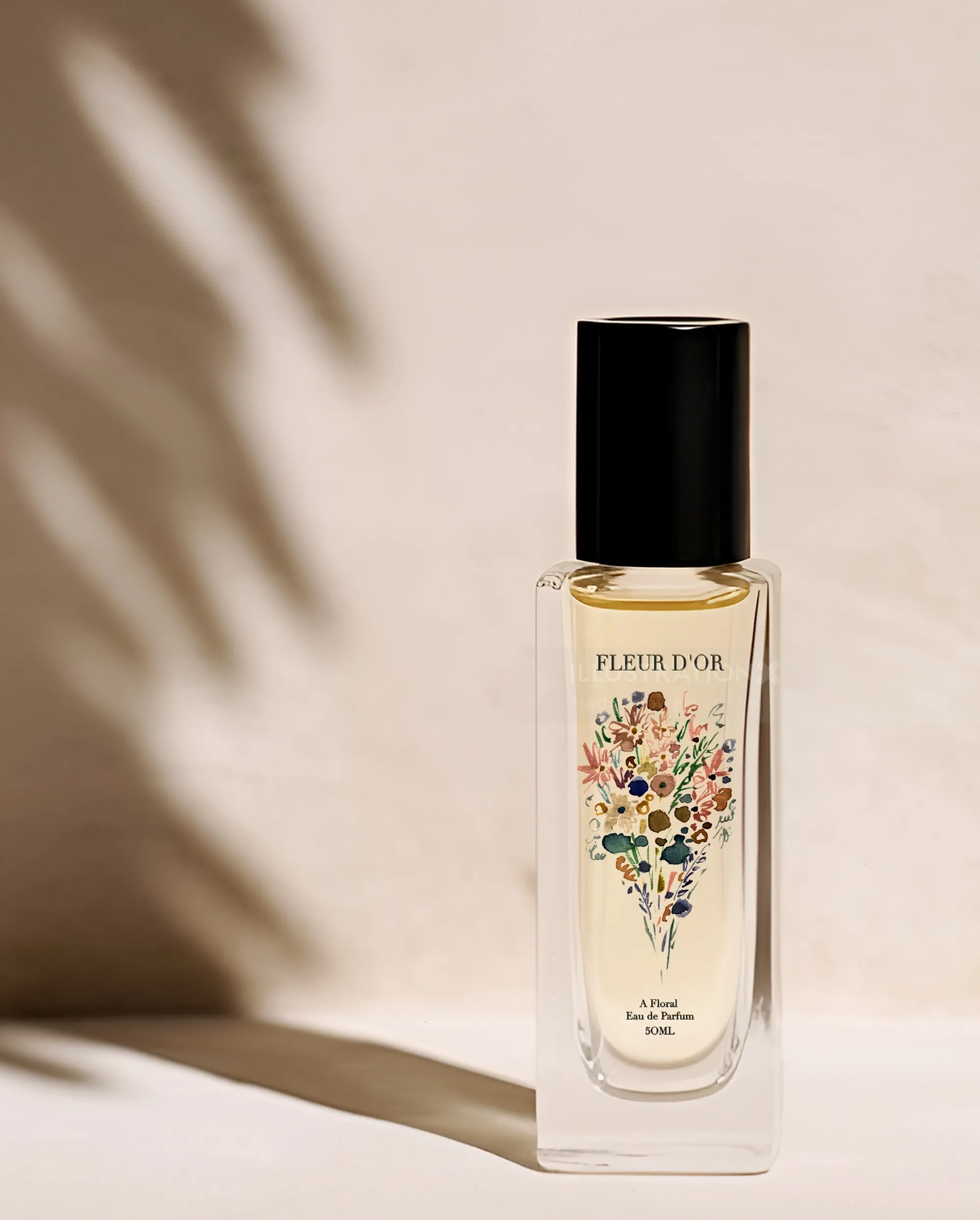 Nadia Flower botanical illustration on a Fleur d'Or fragrance bottle