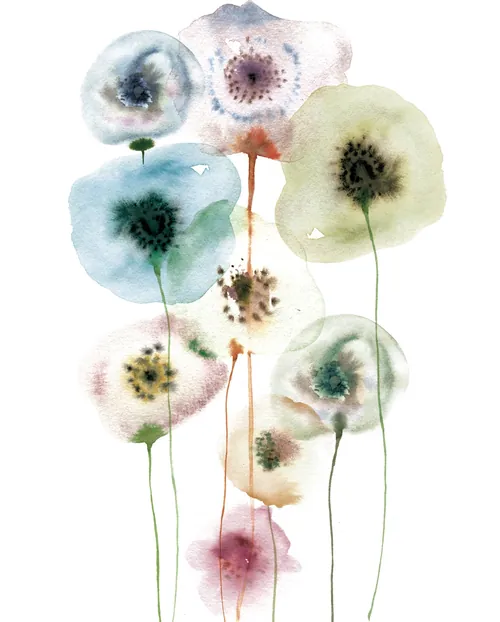 Nadia Flowerによる、繊細な半透明の水彩画の花々、柔らかなパステル調