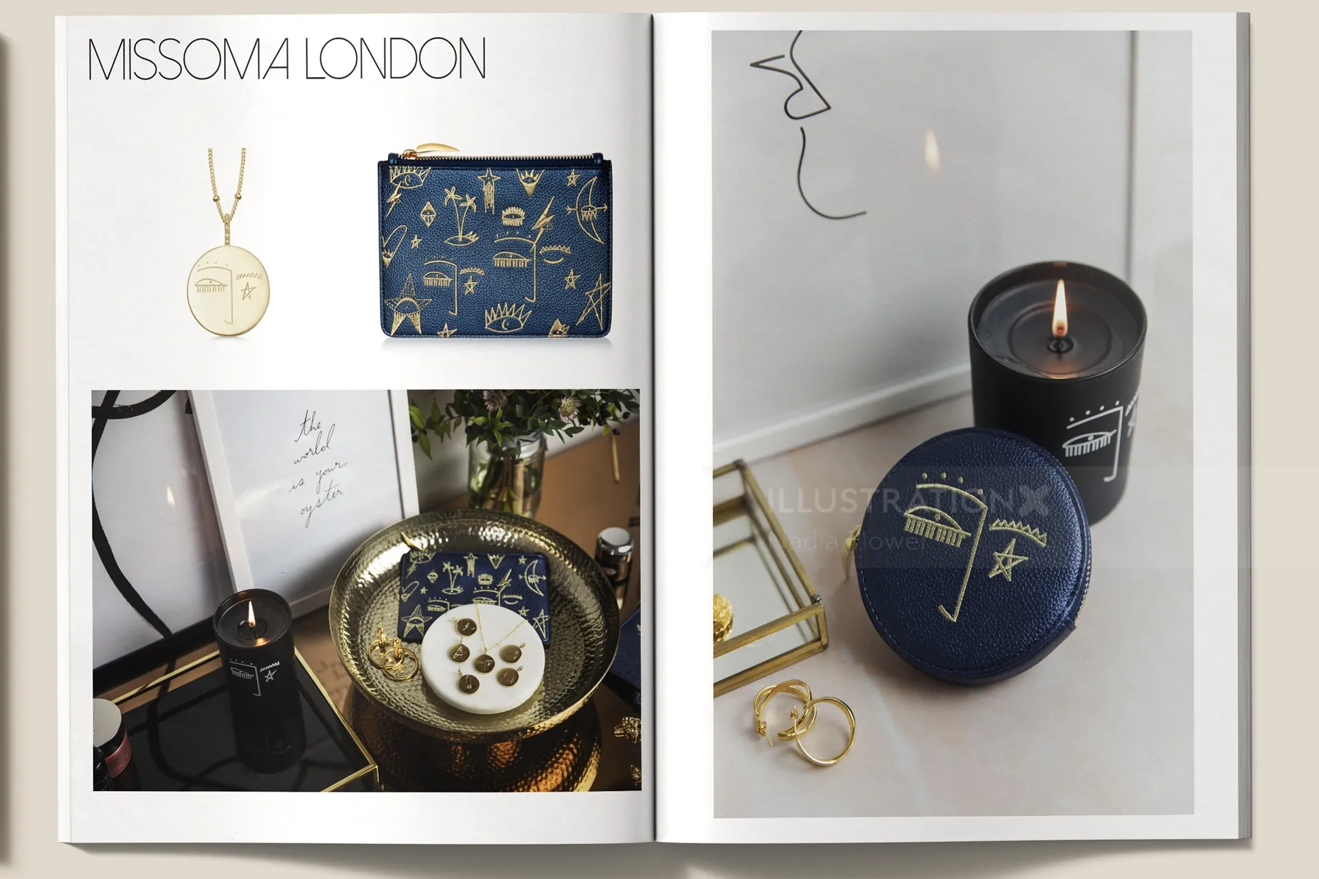 Missoma Londonのジュエリーとキャンドル、ネックレスとポーチはNadia Flowerで展示されています。