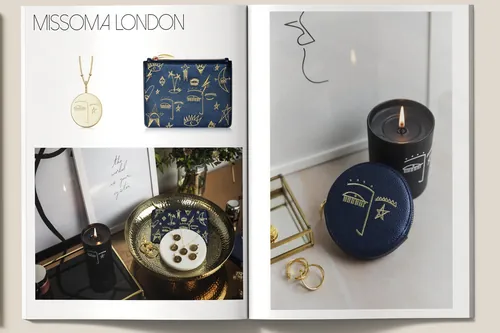 Missoma Londonのジュエリーとキャンドル、ネックレスとポーチはNadia Flowerで展示されています。