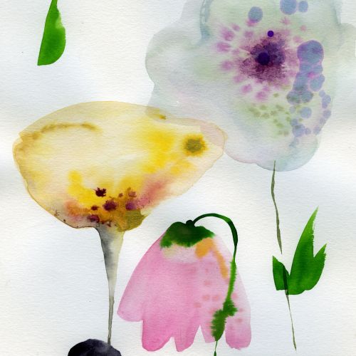 Watercolor wildflower painting by Nadia Flower with colorful blooms and slender stems