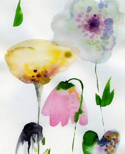 Watercolor wildflower painting by Nadia Flower with colorful blooms and slender stems