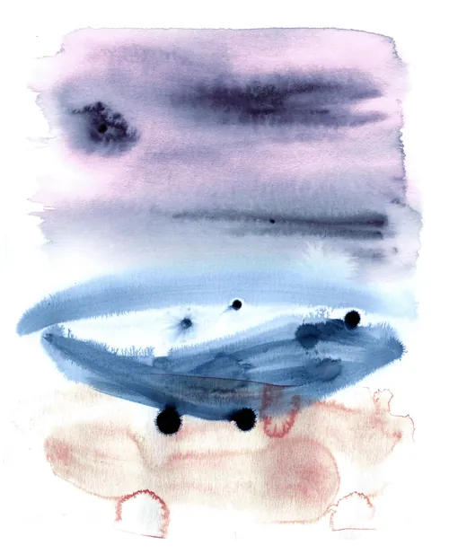 Abstraktes blau-rosa Aquarellgemälde von Nadia Flower mit dunklen, schwebenden Strichen