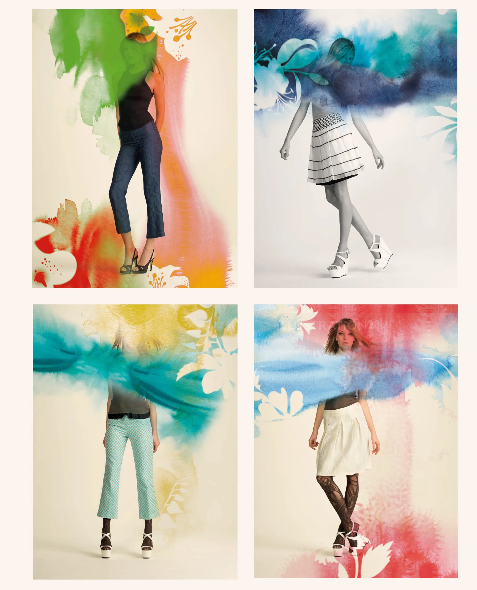 Fashion collage of four stylized figures by Nadia Flower with colorful watercolor backgrounds.