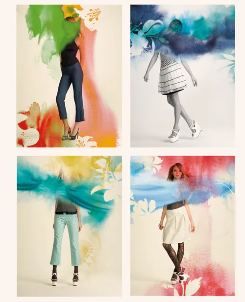 Fashion collage of four stylized figures by Nadia Flower with colorful watercolor backgrounds.