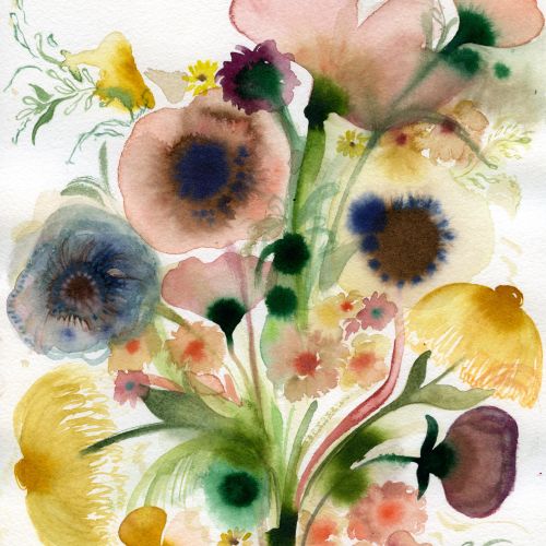 Watercolor wildflower bouquet by Nadia Flower with colorful blooms and green foliage
