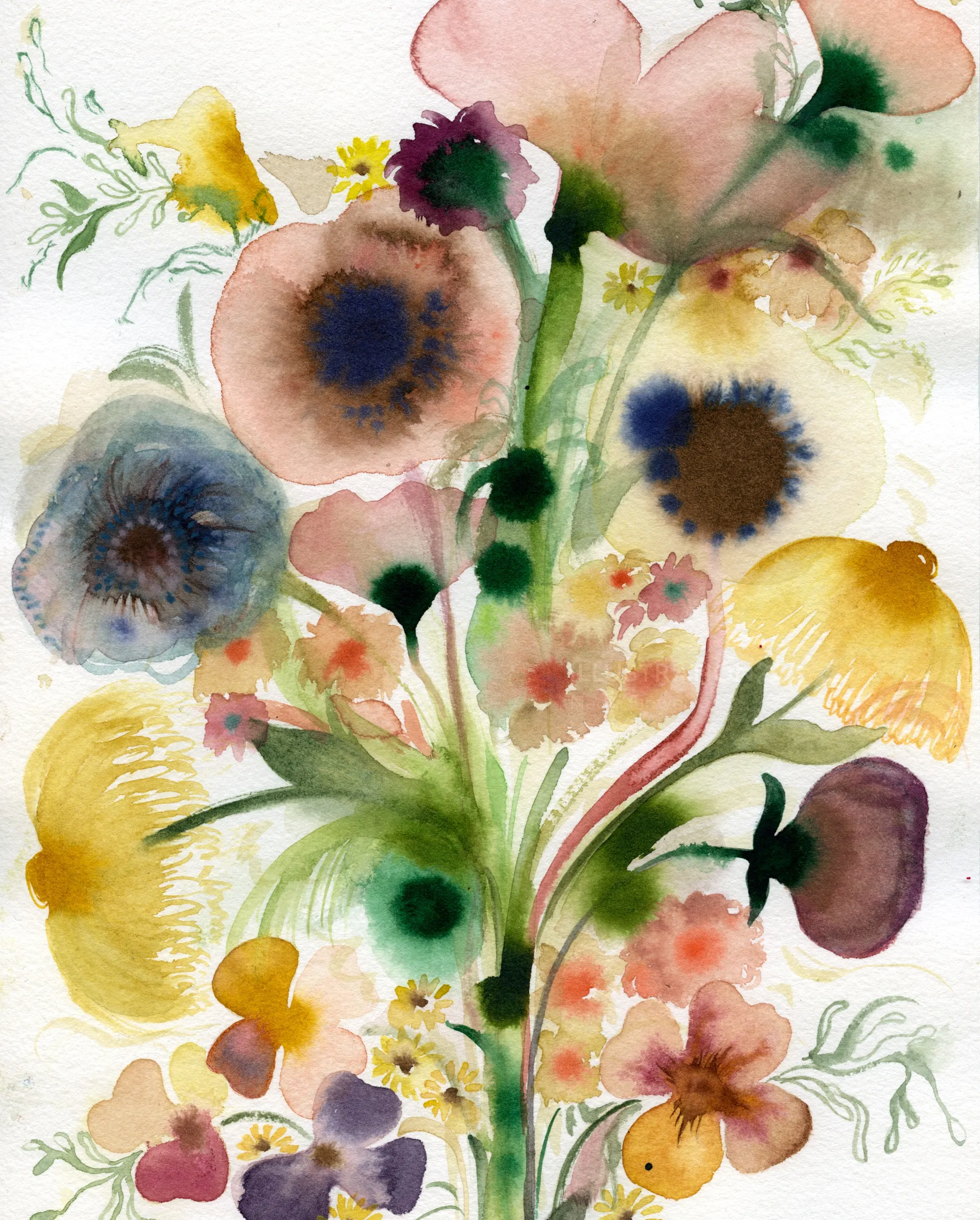 Bouquet de fleurs sauvages à l'aquarelle par Nadia Flower avec des fleurs colorées et du feuillage vert