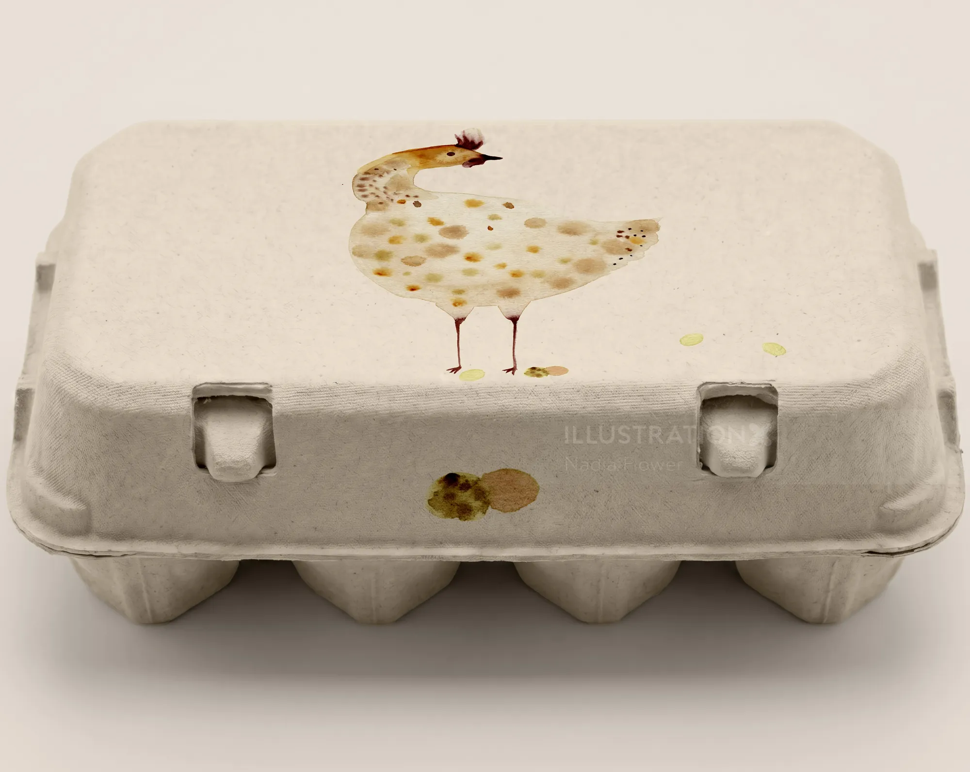 Nadia Flower artwork showing a delicate bird painted on a closed egg carton