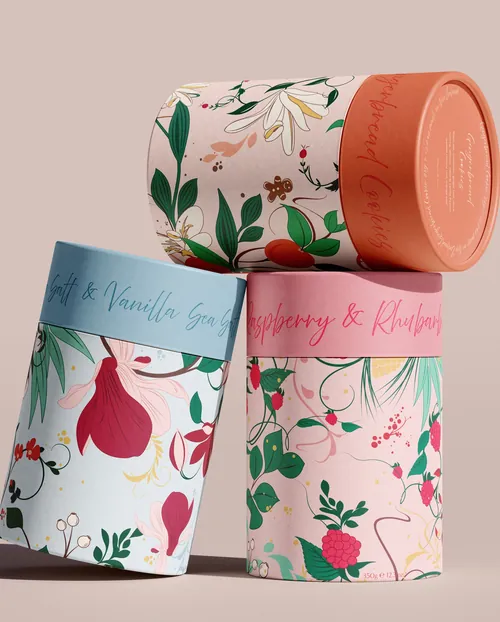 Floral gift boxes and container illustrated by Nadia Flower
