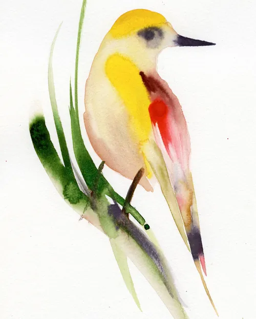 Nadia Flower watercolor of a yellow bird perched among green leaves