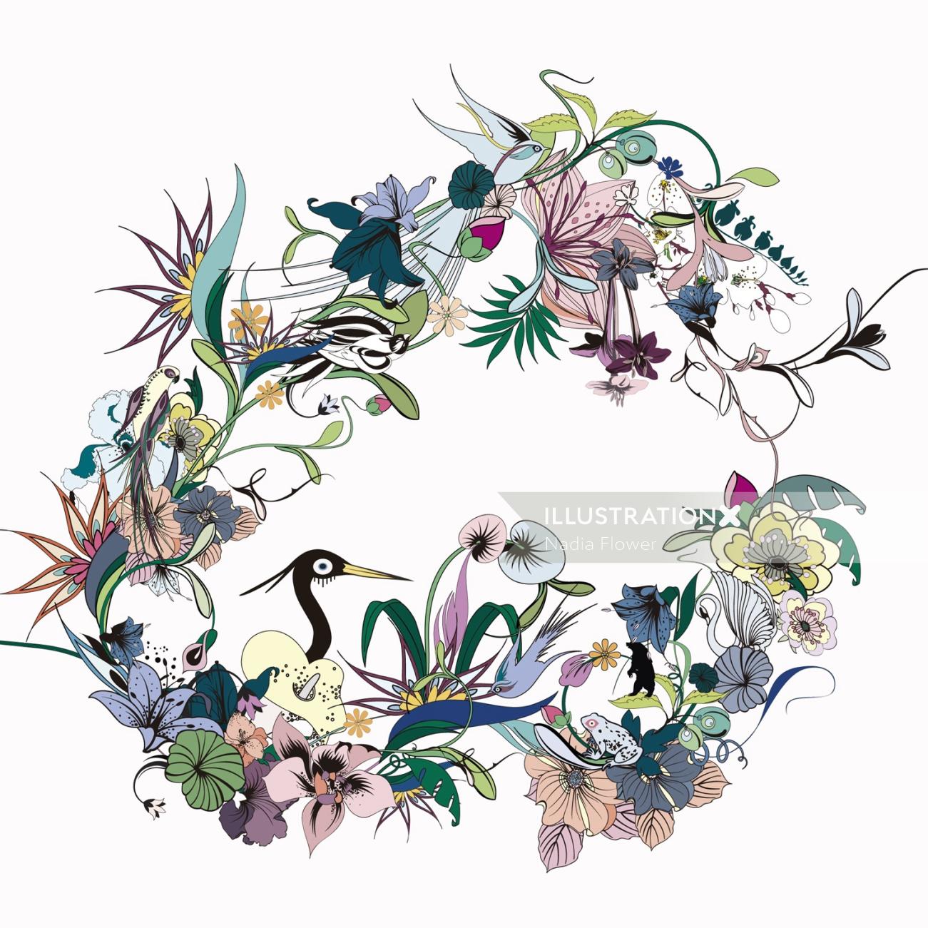 Graphic art of animals and flowers