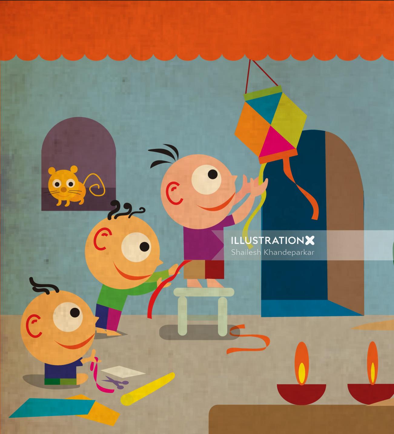 Cartoon illustration of Diwali for Vodafone