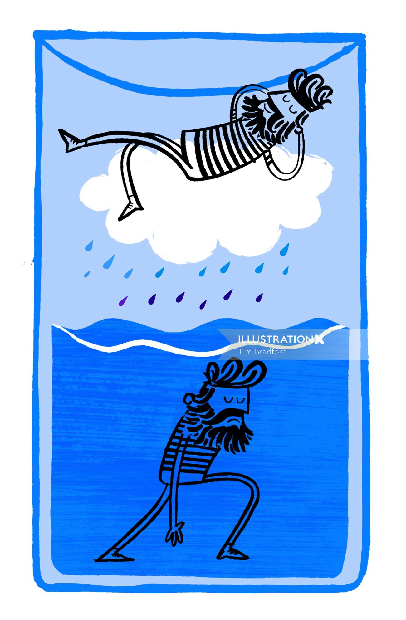 Illustration of character in rain