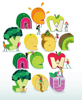 Illustration de fruits dans le lettrage du Nouvel An New You