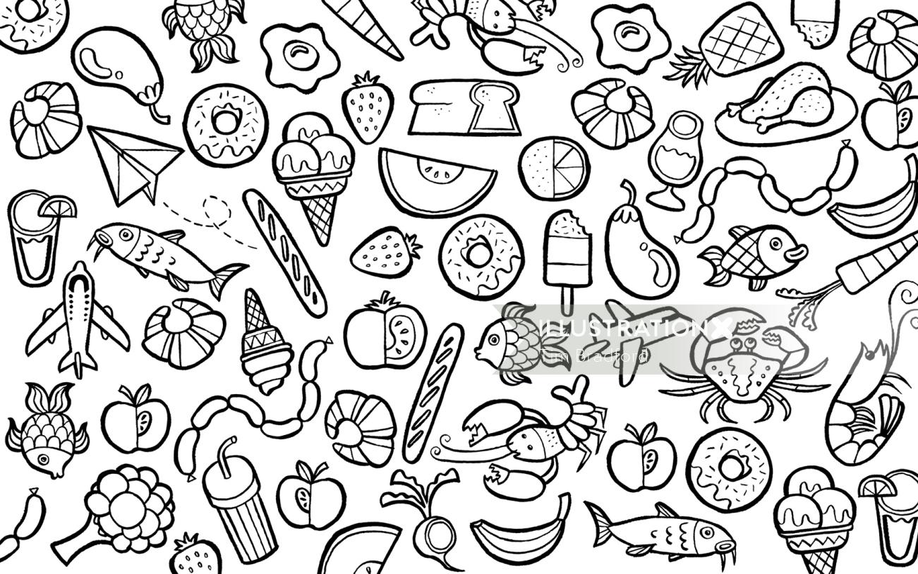 Line icons of fish and fruits
