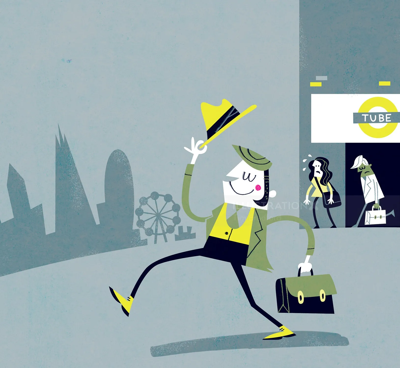 Illustration by Tim Bradford of a man tipping hat walking from TV store