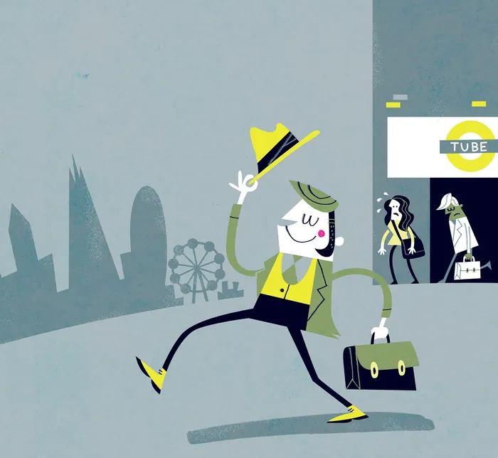 Illustration by Tim Bradford of a man tipping hat walking from TV store