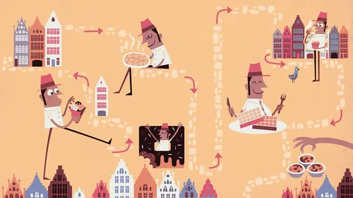 Conceptual city illustration of a man balancing daily routines