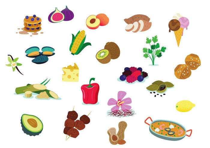 Cartoon icons of various foods