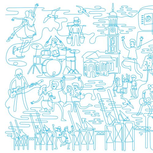 Urban line drawing of musicians and iconic city buildings