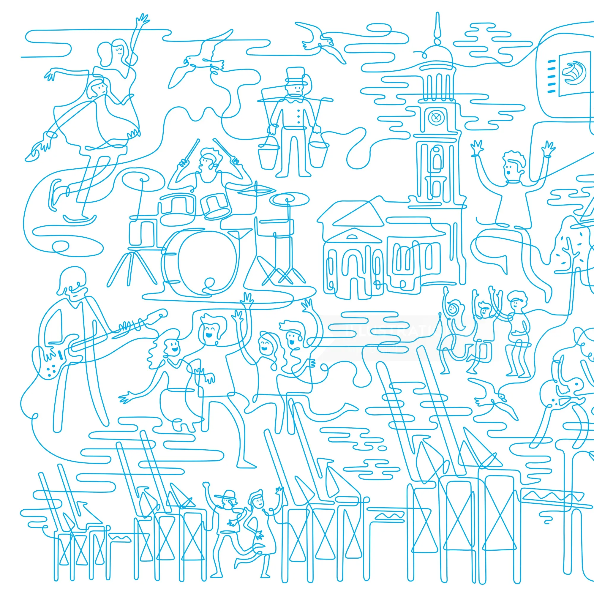 Urban line drawing of musicians and iconic city buildings