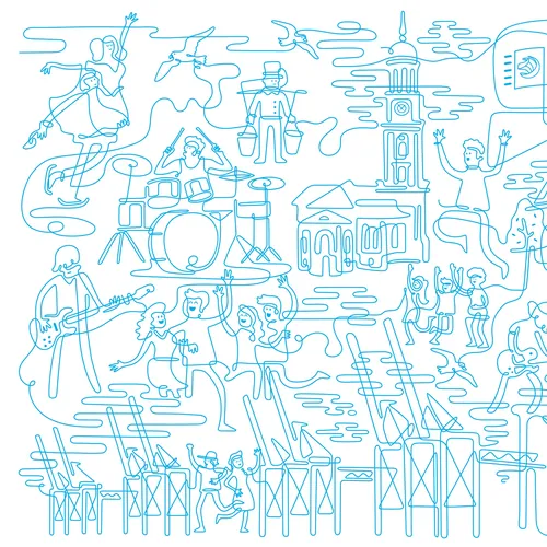 Urban line drawing of musicians and iconic city buildings