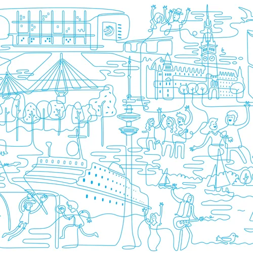 London skyline illustrated in a single blue line featuring iconic landmarks