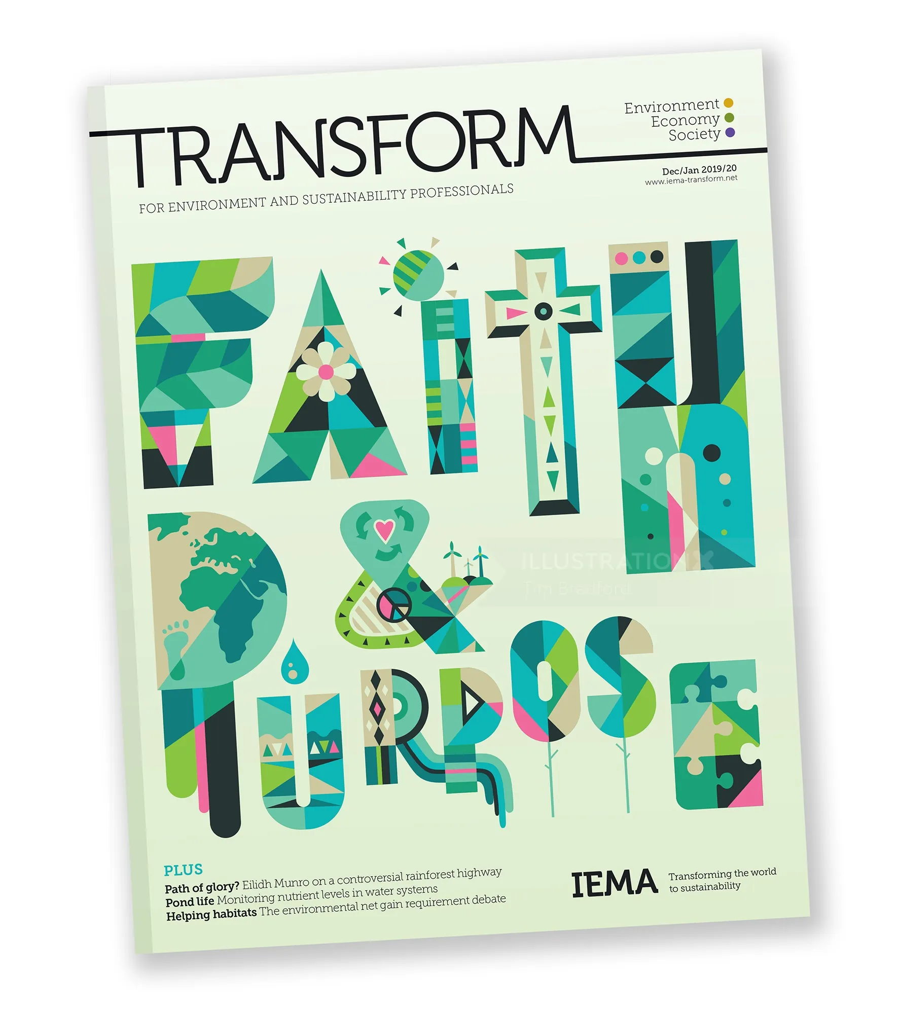 Modern magazine cover design in green and blue tones