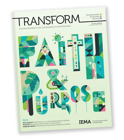 Modern magazine cover design in green and blue tones