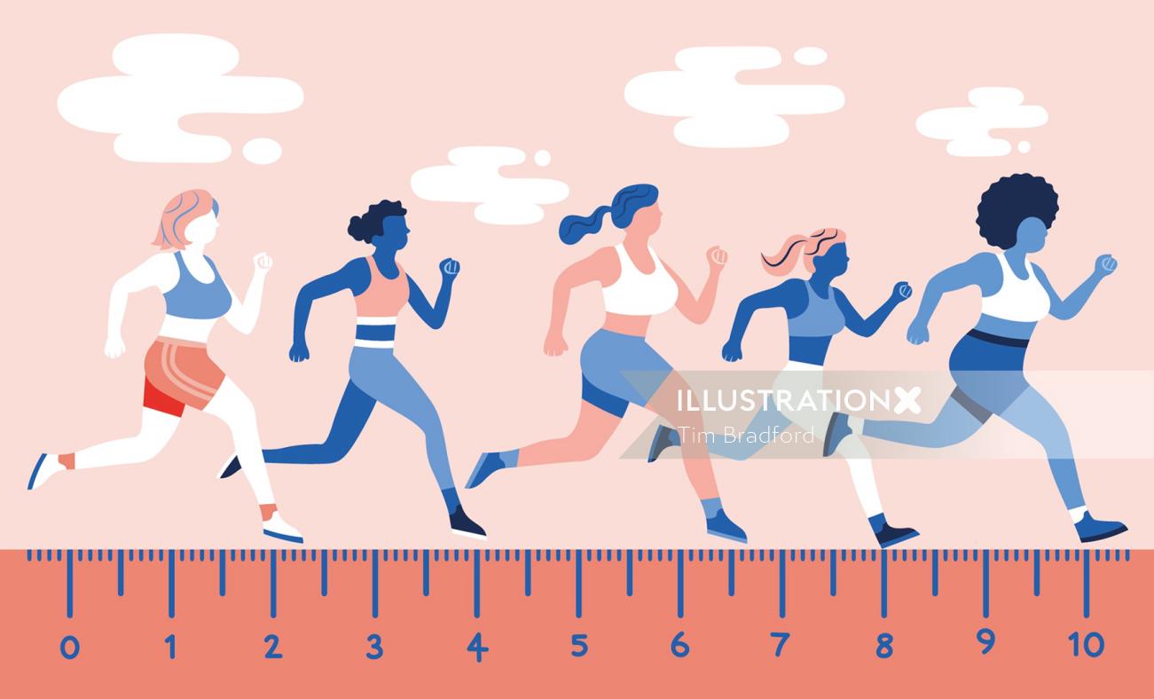 Digital illustration of woman racing on tape