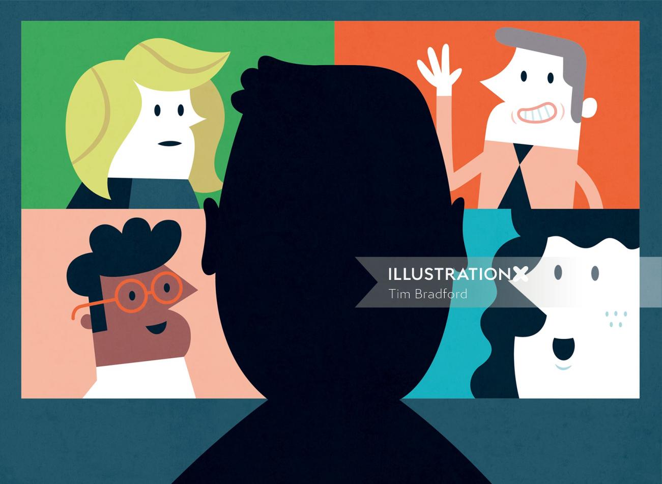 Digital cartoon illustration of people in TV
