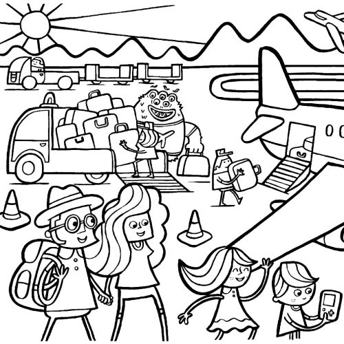 Airport scene with passengers boarding plane and ground vehicles by Tim Bradford