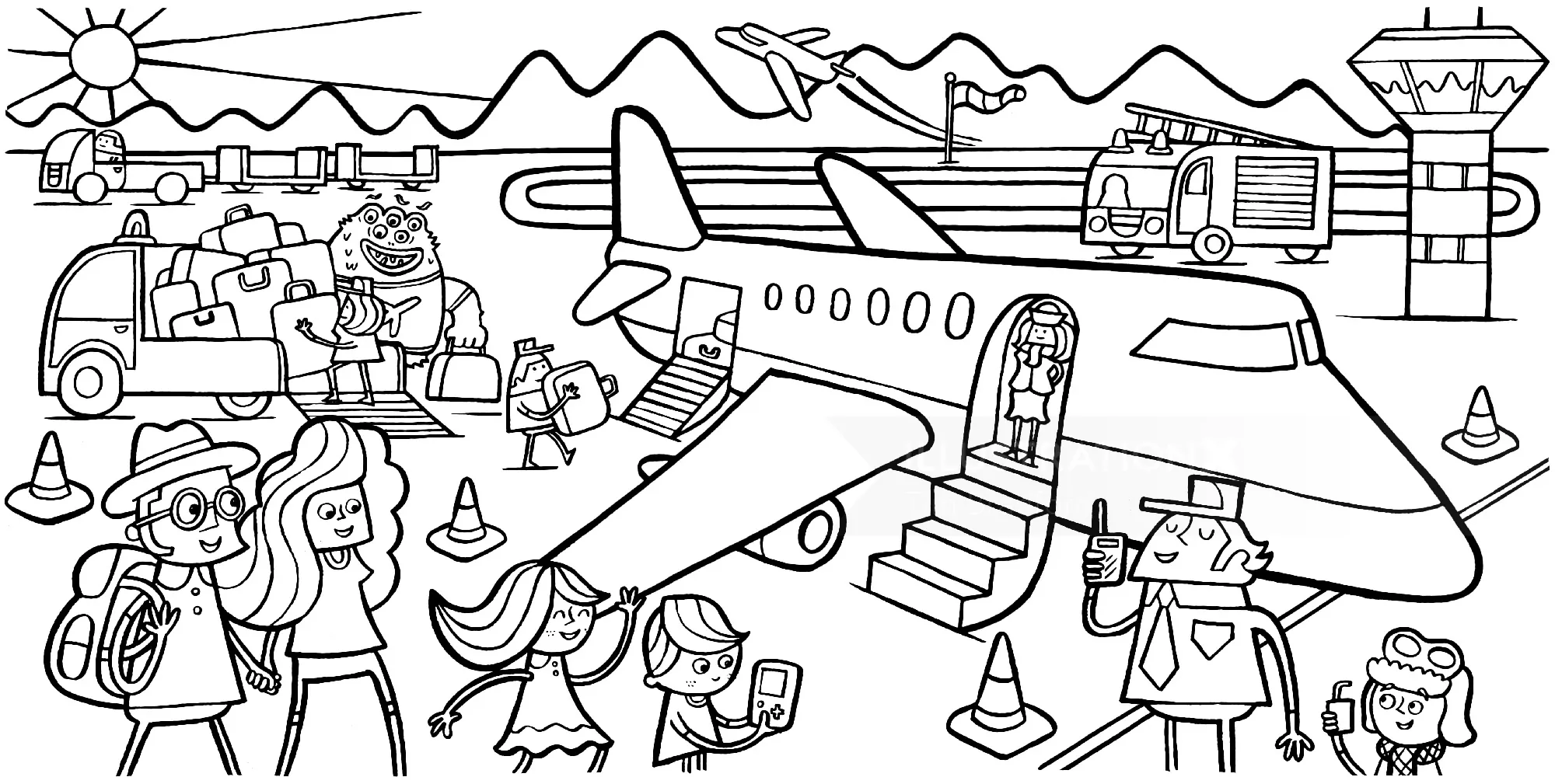 Cena de aeroporto com passageiros embarcando em avião e veículos terrestres por Tim Bradford