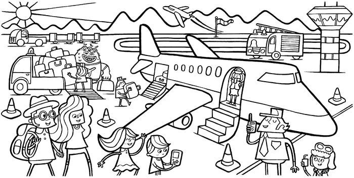 Airport scene with passengers boarding plane and ground vehicles by Tim Bradford