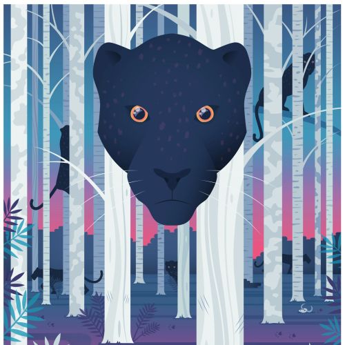 A giant black panther's face looming in a forest, by Tim Bradford