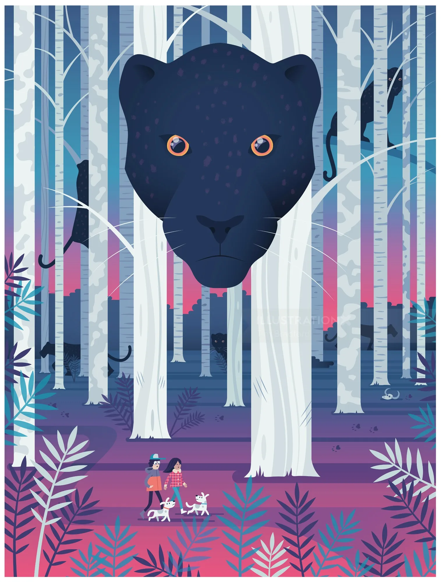 A giant black panther's face looming in a forest, by Tim Bradford