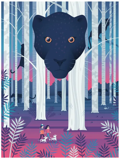 A giant black panther's face looming in a forest, by Tim Bradford