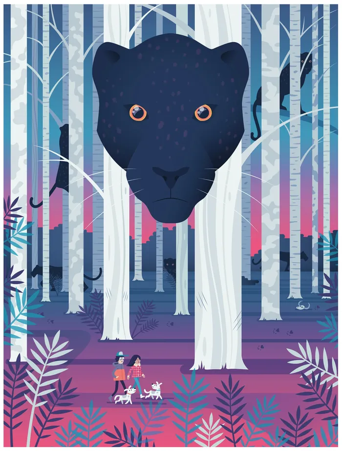 A giant black panther's face looming in a forest, by Tim Bradford