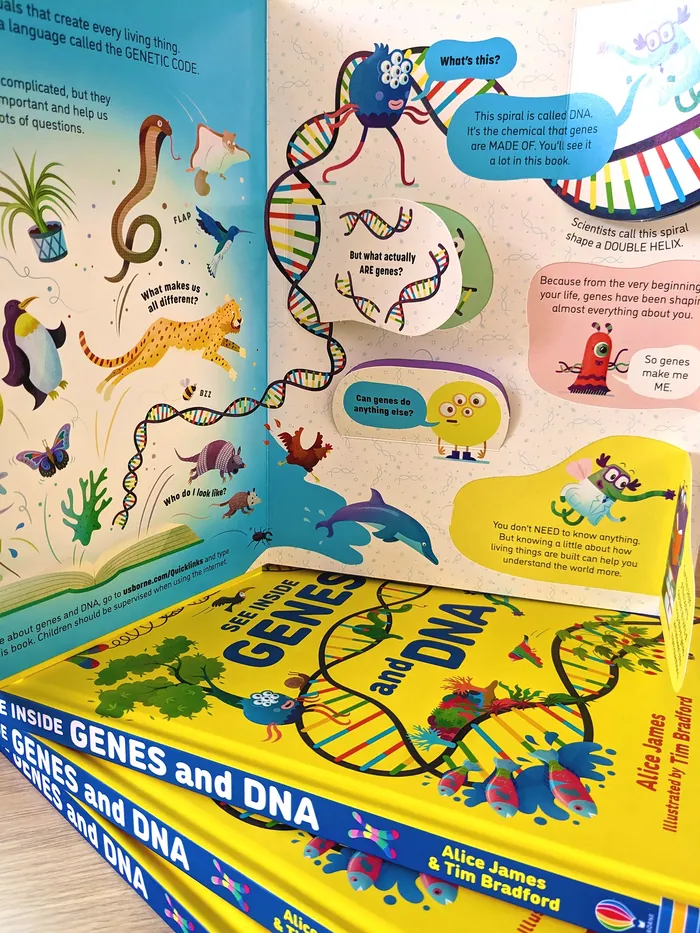 Children's book about genes and DNA with colorful illustrations by Tim Bradford