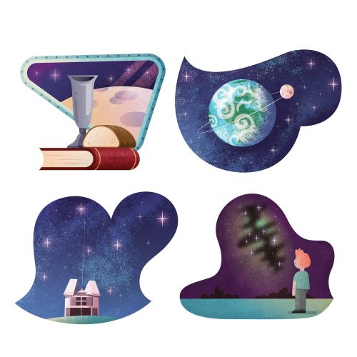 Space-themed illustrations including telescope, Earth, observatory, and person stargazing by Tim Bra
