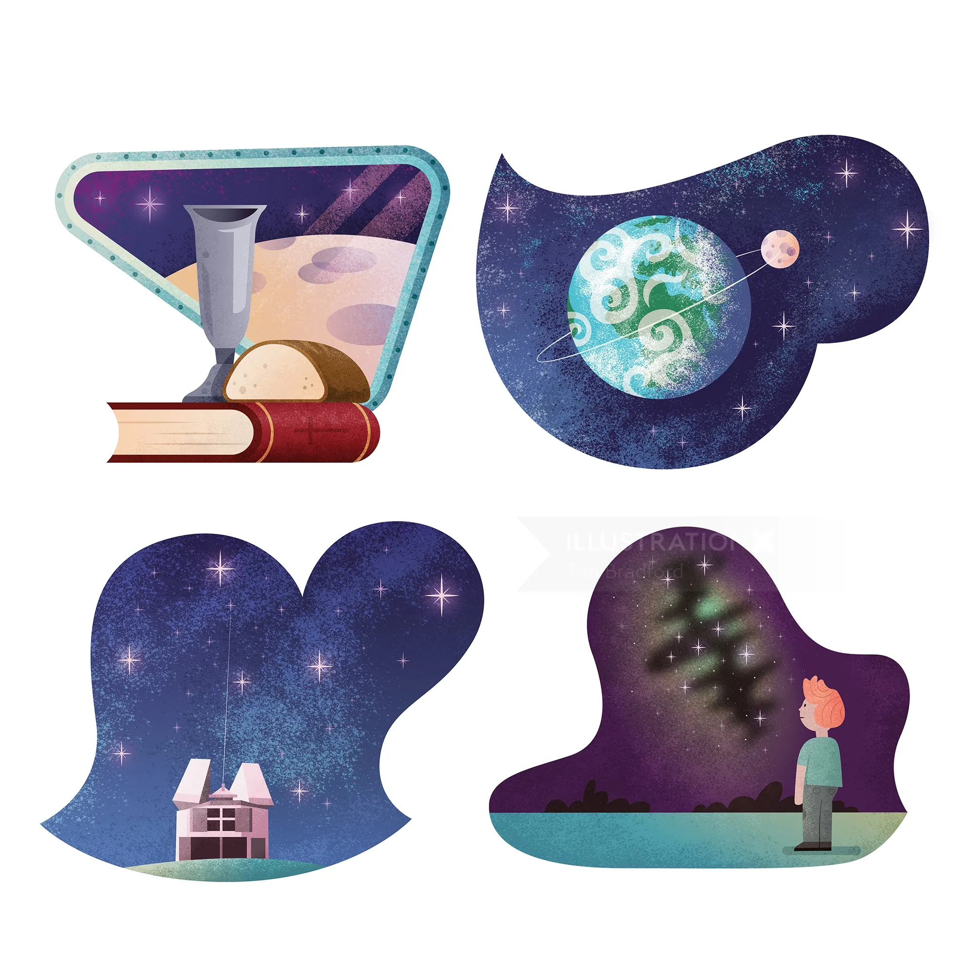 Collection of space illustrations: observing night sky and celestial objects