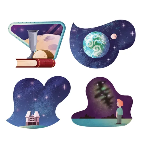 Collection of space illustrations: observing night sky and celestial objects
