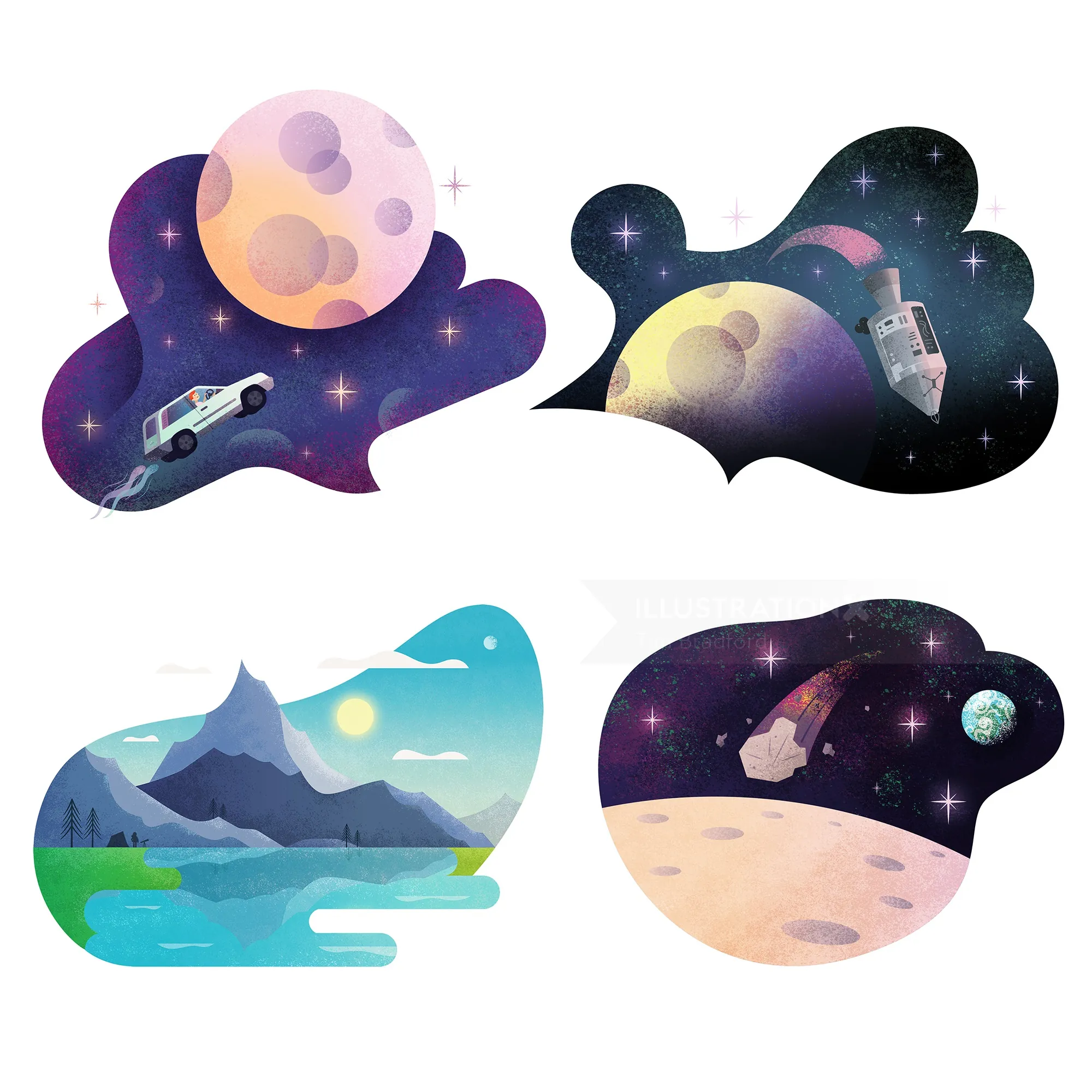 Collection of Tim Bradford space scenes with planets, rockets, and mountains
