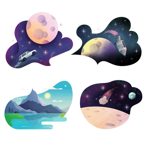 Collection of Tim Bradford space scenes with planets, rockets, and mountains