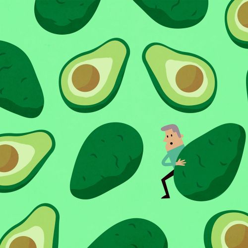 Man carrying giant avocado surrounded by many avocados by Tim Bradford