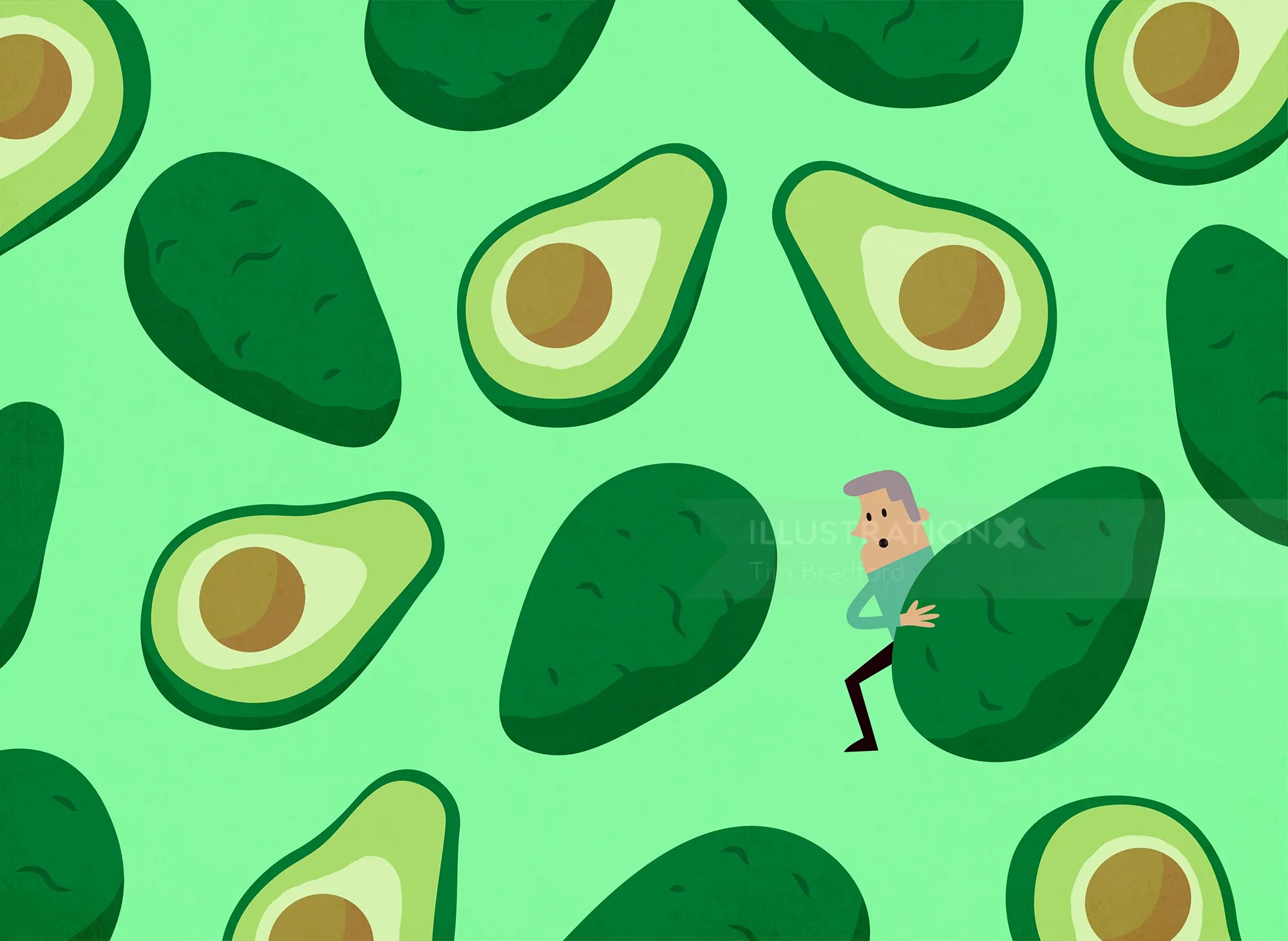 Man carrying giant avocado surrounded by many avocados by Tim Bradford