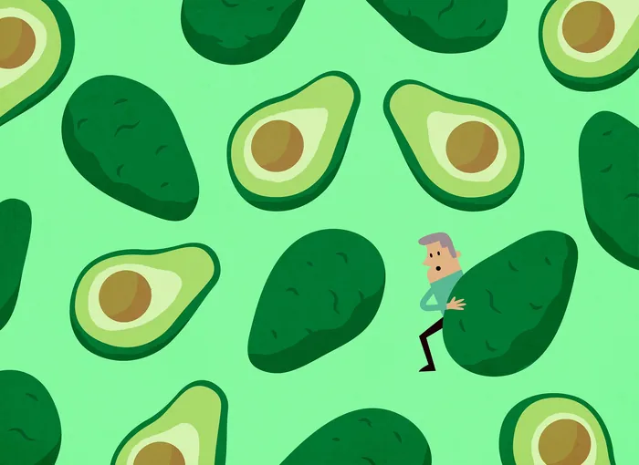Man carrying giant avocado surrounded by many avocados by Tim Bradford