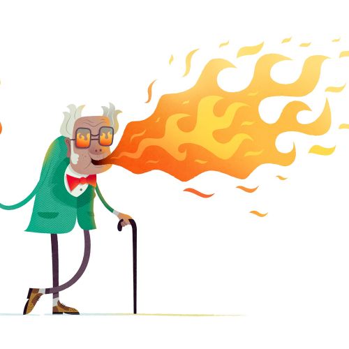 An elderly man breathing fire with a torch and cane by Tim Bradford