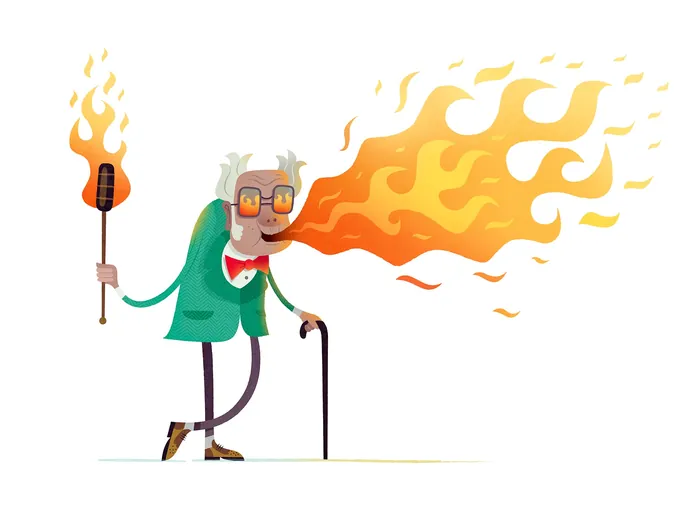 An elderly man breathing fire with a torch and cane by Tim Bradford